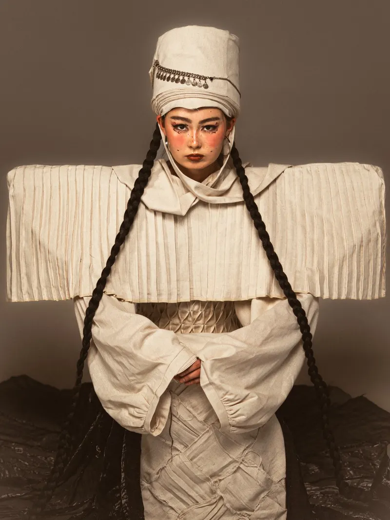 A model in a wide-shouldered linen outfit and a tall headdress